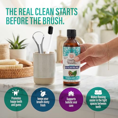 GuruNanda CocoMint Oil Pulling Mouthwash for Complete Oral Hygiene, 7 Essential Oils & Vitamins for Happy Teeth & Gums & Fresh Breath with Toothbrush & Tongue Scraper, Alcohol & Peroxide Free, 8 oz