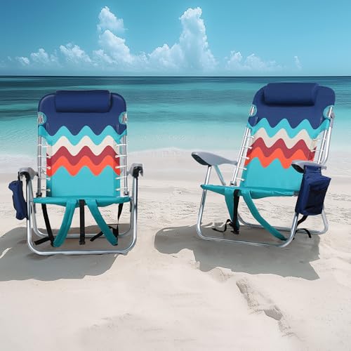 ALPHA CAMP Set of 2 Beach Chair, Beach Chairs Low Folding Lightweight, Foldable Backpack Beach Camping Chair with 4 Position, Cooler Bag, Headrest, Armrest, Wave Blue