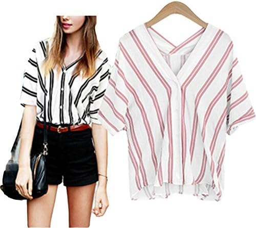 Puissant Vertical Stripe Front and Rear Double V Collar Cotton and Linen Shirt Bat Sleeve shor,Pink Stripes,L