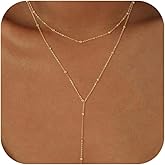 Fglqfam Lariat Necklace for Women, Dainty Long Necklaces, 14k Gold/Silver Plated Y-Shaped Drop Chain Necklace, Simple Layered Necklaces, Trendy Jewelry Valentines Day Gifts for Her