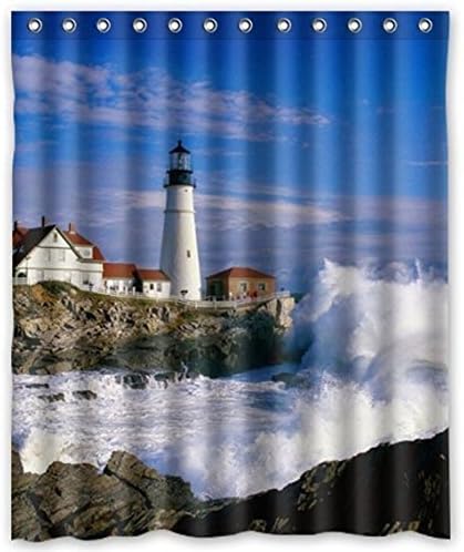 FunkyHome Custom Ocean Lighthouse Themed Fabric Shower Curtain Bathroom Decor, Sea Waves Waterproof Mildew Resistant Bath Curtains Hooks, 36" X 72" Small Stall Size