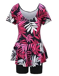 Bañador de una pieza para dama con estampado floral de hojas, manga corta