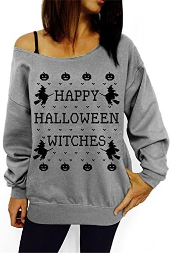 Dudebabe Women Halloween Off Shoulder Sweatshirts Crewneck Long Sleeve Pullovers (3XL, a Grey)