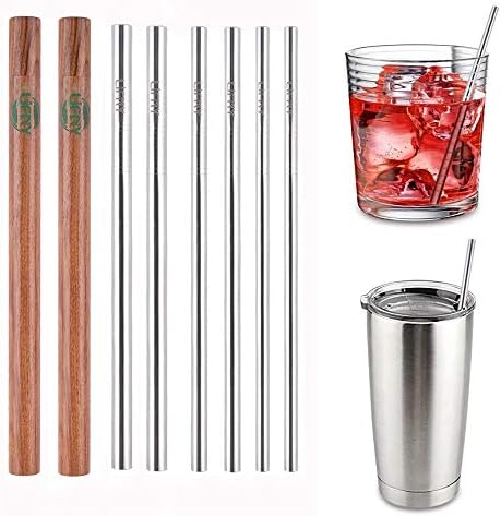 Resuable Straws with Case Premium Stainless Steel Straws Set of 6-Metal Straws for Travel Eco-Friendly Straws Drinking Straws for Yeti/Ozark with 2 Wooden Carrying Case+2 Brush+ 1 Linen Storage Pouch