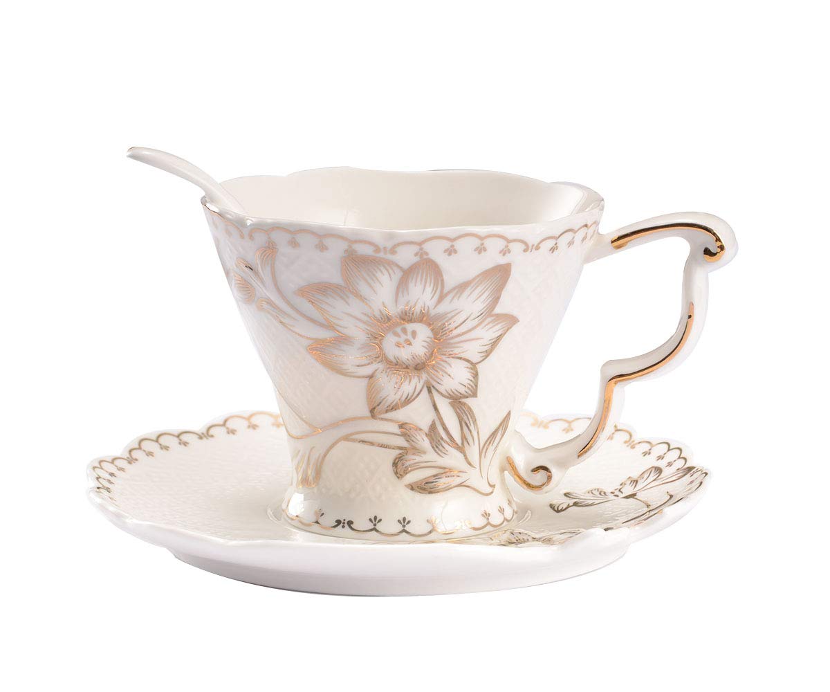 Pfedxoon Bone China Tea Cup with Saucer Spoon 3 Piece Set（240ml） Cappuccino Cups, Coffee Cups, Tea Cup Set, British Coffee Cups, Porcelain Tea Set, Latte Cups, Mother's Day Gift(White)