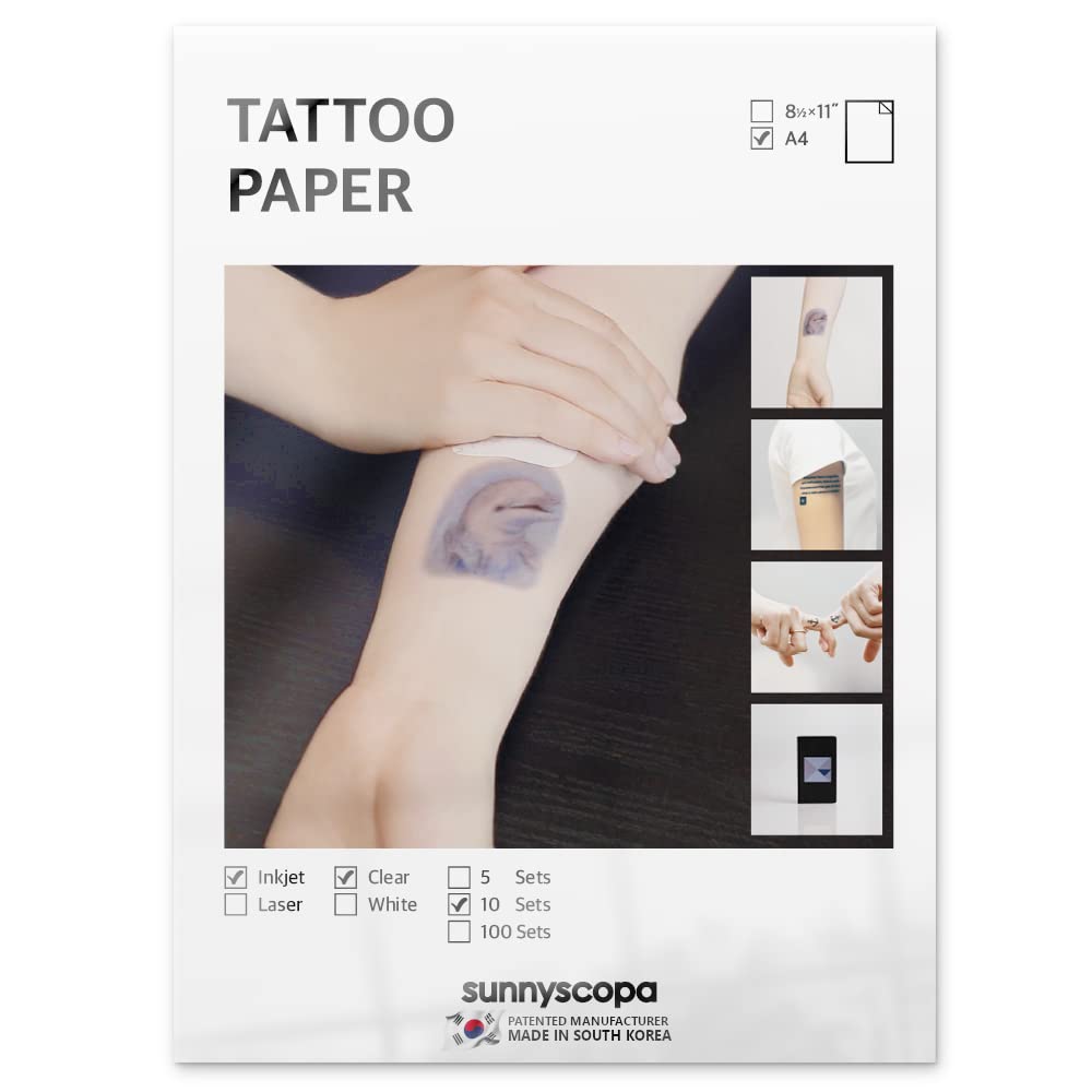 Sunnyscopa Printable Waterslide Temporary Tattoo Stencil Transfer Paper for Inkjet Printer A4, 10 Sheets