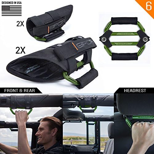 Jeep Accessories Combo, Better Value Pack w/ 4 pcs Grip PRO Roll Bar Handles and 2 BackGrip Grab for Headrest JK, JL, JLU, JT Gladiator, JKU More, Army Green