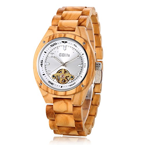 GBlife Mens Auto Mechanical Wooden Watch with Luminous Sapphire Dial Wood Band #GM492 (Olive Wood)