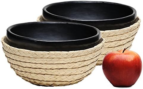 Black Clay Soup/Salad Bowl With Basket - Set of 2 - Handmade in La Chamba Colombia, Environment Friendly, 100 Percent Natural, Toxin Free, Organic for Home or Restaurant - Chefs Choice -