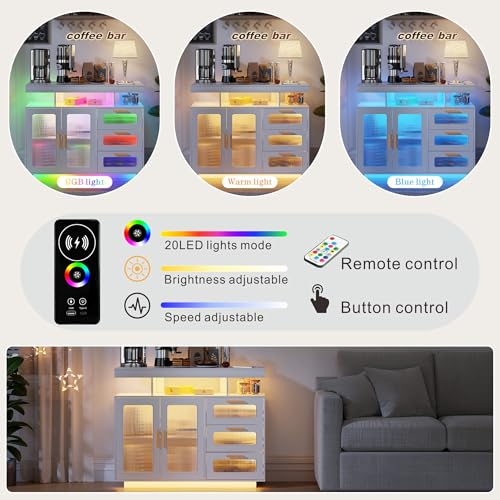 Coffee Bar Cabinet with Storage, Buffet Sideboard with RGB Light, Modern Coffee Bar Table with Charging Station