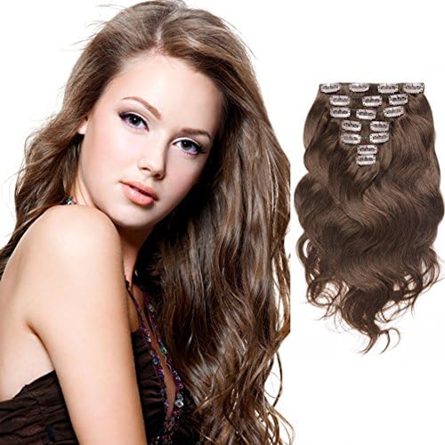 SG Hair 18" Remy Human Hair Clip in Extensions for Women Chocolate Brown(#4) Body Wavy 7Pieces 70grams/2.45oz