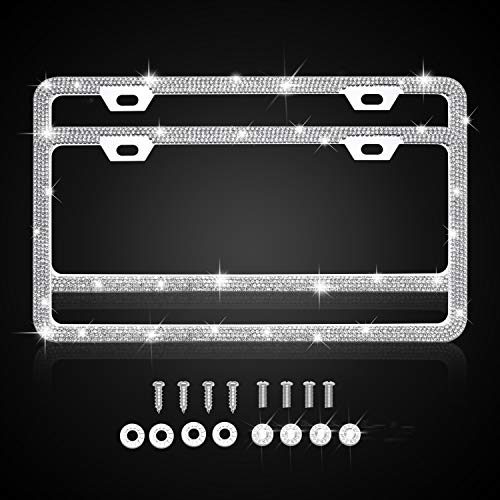 Nomiou Bling Narrow License Plate Frame,Luxury Handmade Waterproof Glitter Rhinestone Crystal Premium Stainless Steel Licence Plate with Anti Theft Screw Caps for Front and Back License - Thumbnail 4