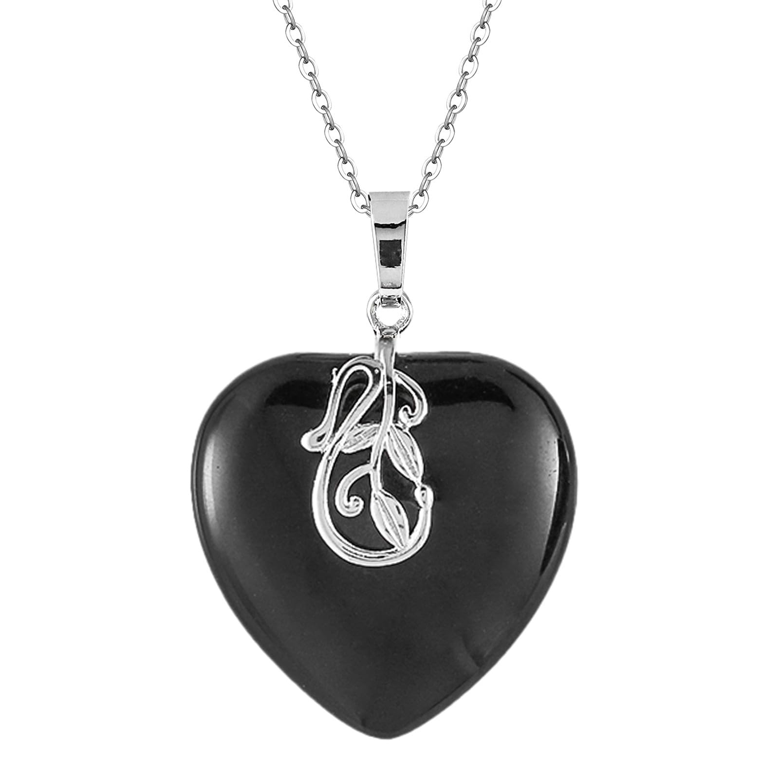 Nupuyai Obsidian Love Heart Crystal Pendant Necklace for Women, Leaves Charm Reiki Chakra Healing Stone Pendant with Chain 50cm