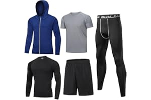 BUYJYA 5Pcs Men's Compression Pants Shirt Top Long Sleeve Jacket Athletic Sets Gym Clothing Mens Workout