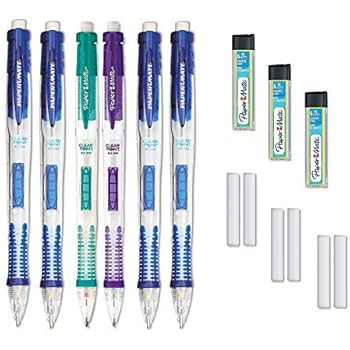 Paper Mate Clearpoint Mechanical Pencil, 0.7 mm, Barrel Color May vary, Pack of 6 Pencils, 3 Lead Refills and 6 Eraser Refills