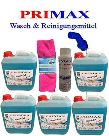 5 x 5 Liter Primax Flüssigwaschmittel + 500 Gramm Waschkraftverstärker, Microfasertuch und Ausgießer