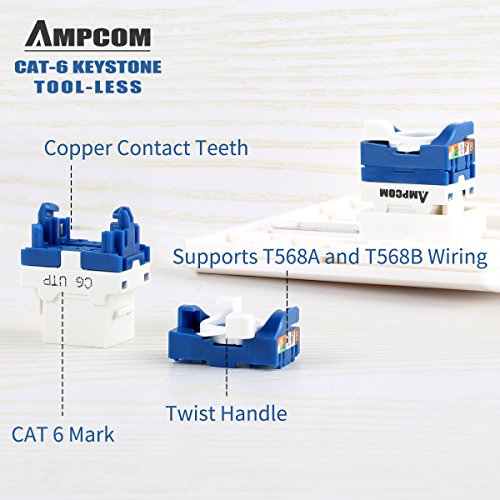 10-PACK CAT6 Toll Less Keystone Jack,AMPCOM RJ45 Self-Locking Cat.6 Keystone Module Adapter No Punch-Down Tool Required Couplers For Wall Plate UTP White - Thumbnail 4
