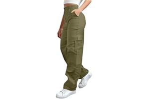 Cargo Pants Women High Waist Straight Leg Pants with Multiple Pockets Casual Hiking Elastic Waist Button Up Trousers