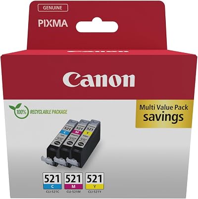 Canon CLI-521 Cyan Magenta Yellow Ink Cartridges 3 Pack Multipack