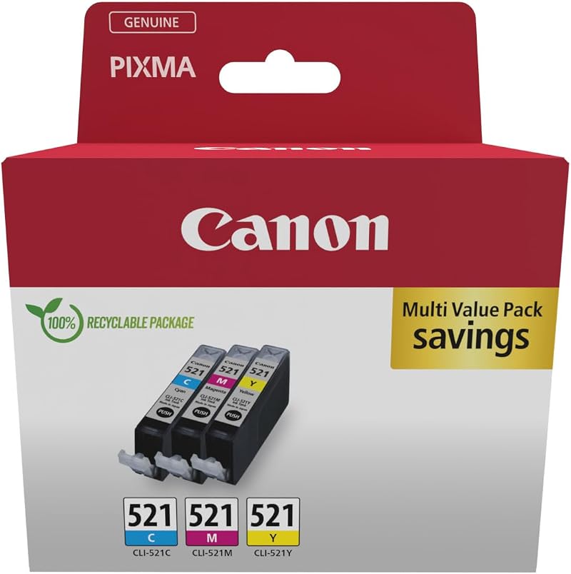Canon CLI-521 Cyan Magenta Yellow Ink Cartridges 3 Pack Multipack