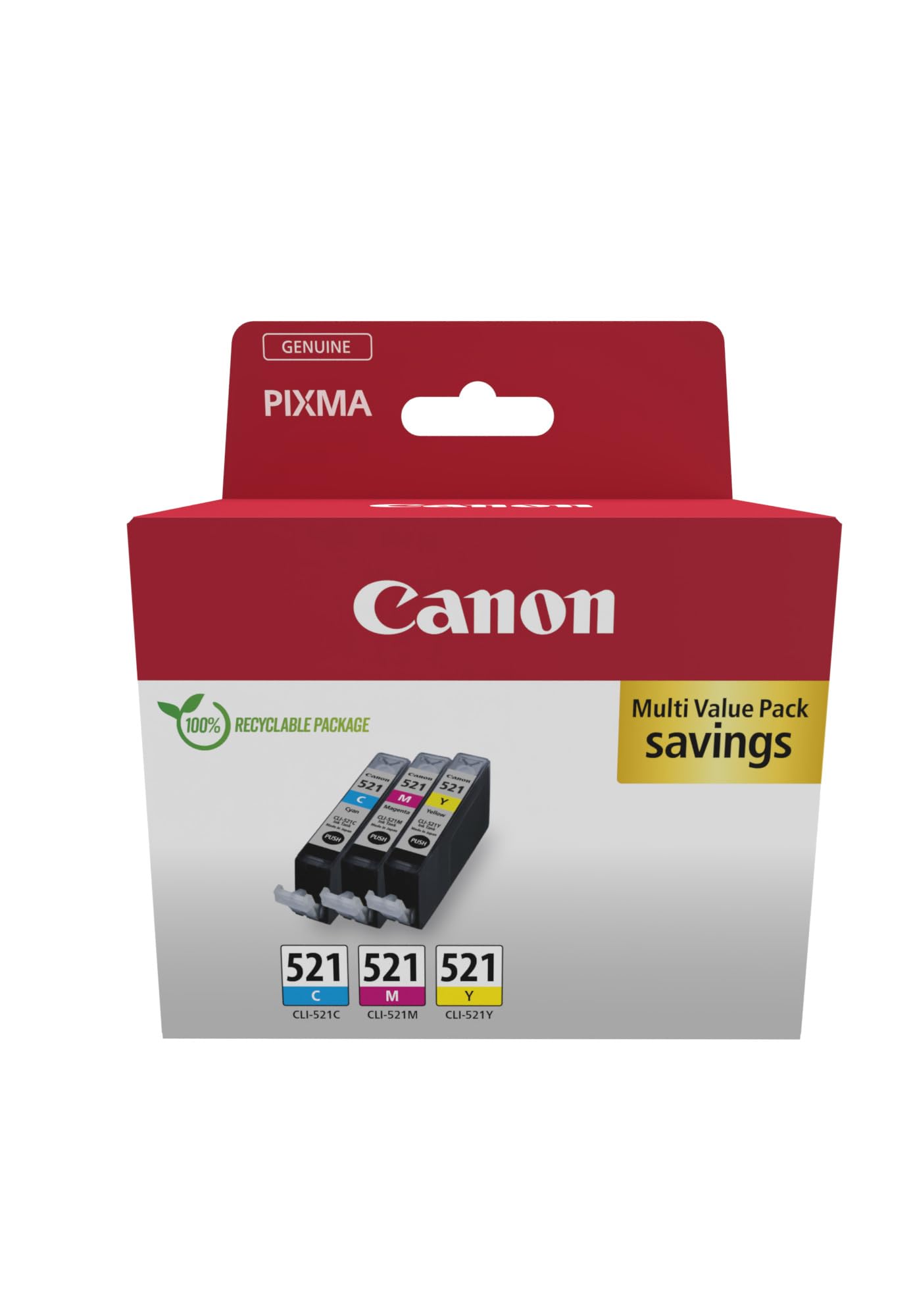Canon CLI-521 C M Y Pack of 3 cartridges (Cyan Magenta Yellow) Genuine (Recycled Cardboard Multipack)