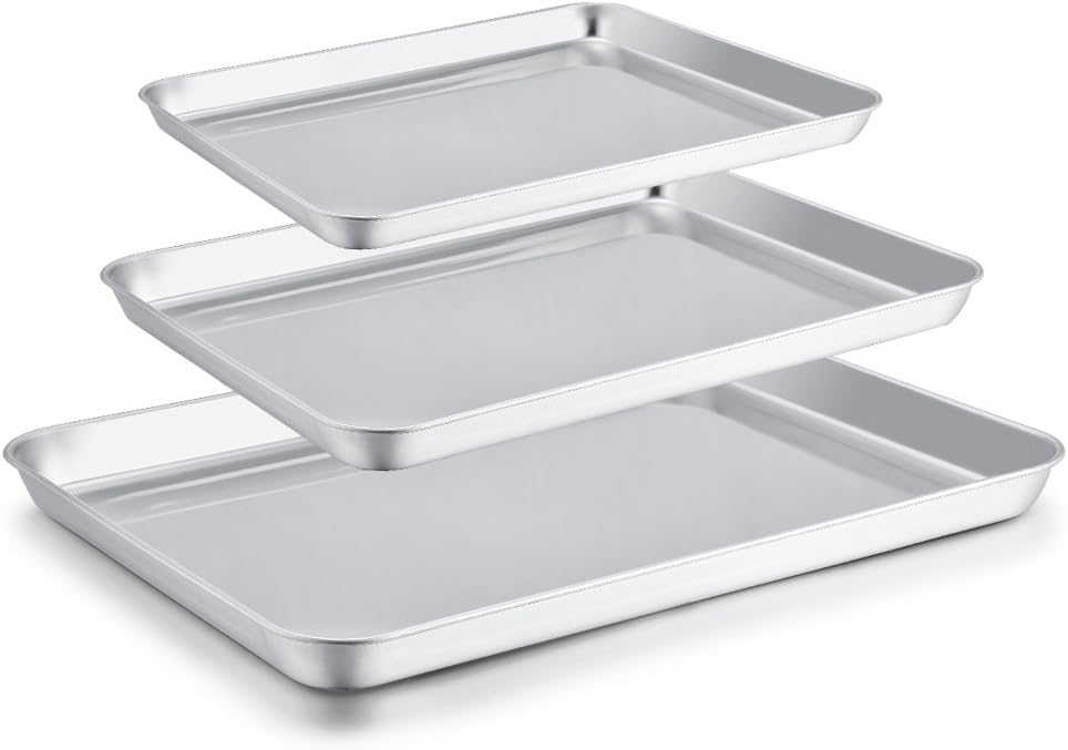 P&P CHEF Toaster Oven Pan Set of 3, Stainless Steel Small Baking Cookie Sheet Pan