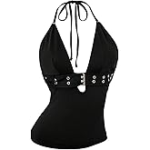 GORGLITTER Women's Backless Halter Rave Tops Y2k Deep V Neck Tie Open Back Goth Top Going Out Outfits
