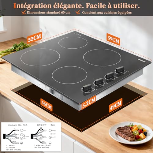 Karinear 4-burner ceramic hob, 60 cm built-in ceramic hob with rotary buttons, 4 burners 6000 W, automatic switch-off, 220 V, without socket
