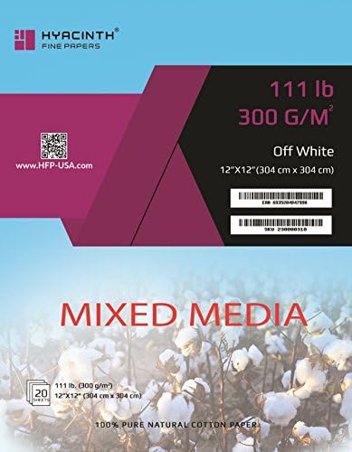 Hyacinth 20 Sheets Mixed Media 100% Cotton Cardstock Paper, 111 lb./300 g, 12" L x 12" W, White