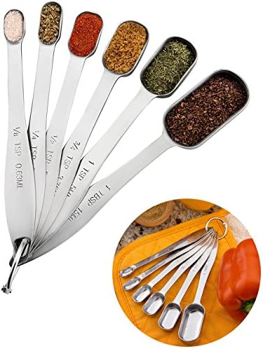 Stainless Steel Measuring Spoon 6 Piece Set, Long Handles Measuring Spoons, Accurate and Easy to Read,Fits in Coffee,Salt,Spice Jar (Narrow Head Design)