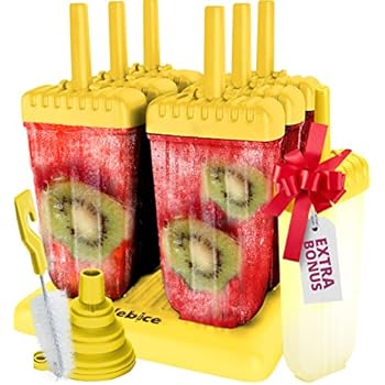Popsicle Molds Set - BPA Free - 6 Ice Pop Makers + 1 Extra Mold + Silicone Funnel + Cleaning Brush + Recipes E-book - by Lebice