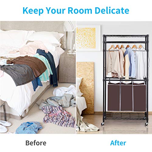 alvorog Garment Rack Rolling Laundry Sorter Cart Heavy-Duty Sorting Hamper Commercial Grade Clothes Rack with 2 Hanging Rod Adjustable Height Shelves 3 Removable Bags for Laundry Room, Black
