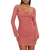 XLLAIS Women Long Puff Sleeve Mini Bodycon Mesh Dress Split Hem Clubwear Party Dress