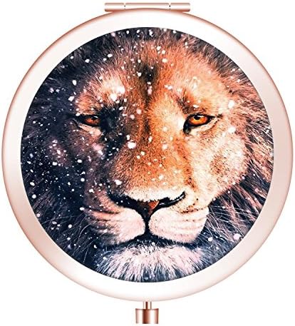 Metal Lovely Hand Mirror, Compact Foldable Portable Cosmetic Magnetic for Purse or Travel-Lion