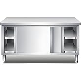 AYHARYLH Kitchen Prep Table Stainless Steel Kitchen Cabinet,Stainless Steel Commercial Worktable W/Sliding Doors For Prep &amp; Work, Heavy Duty Workbench W/Cabinet, For Home, Restaurant, Hotel And Garage