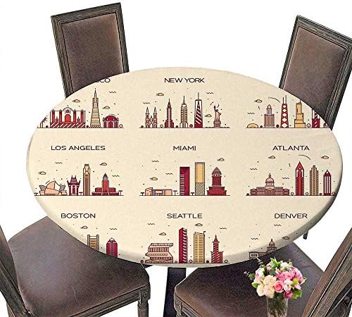 PINAFORE Round Table Tablecloth American Cities san Francisco New York Chicago Los Angeles Miami Atlanta Boston Seattle for Wedding Restaurant Party 43.5"-47.5" Round (Elastic Edge)