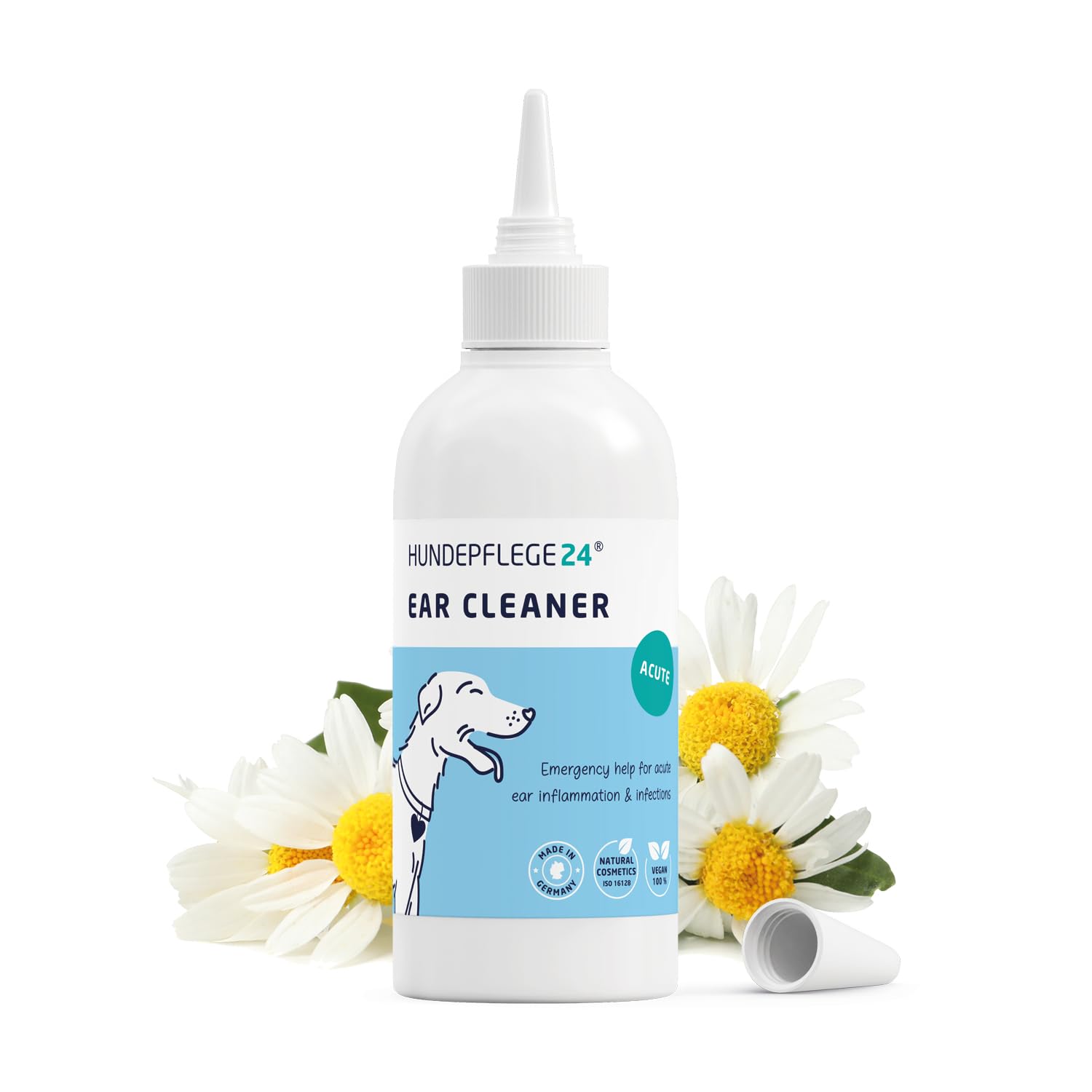 Hundepflege24 Dog Ear Cleaner Solution acute - Extra Strong Ear Cleaner for Dogs & Cats with Inflammation & Infections - Natural Dog Ear Drops with Piroctone Olamine, Chamomile & Aloe Vera 250ml