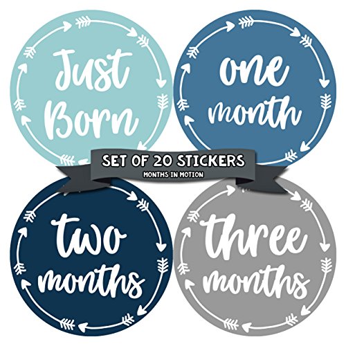 Baby Monthly Milestone Stickers - First Year Set of Baby Boy Month Stickers for Photo Keepsakes - Shower Gift - Set of 20