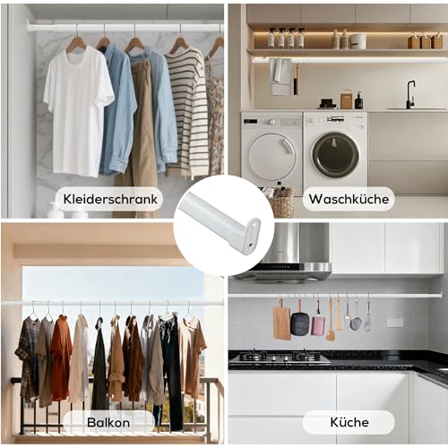 Clothes Rail for Wardrobe, White, Oval, 25 mm, Extendable Wall with 2 Brackets, for Wardrobe, Window, 43-101 cm