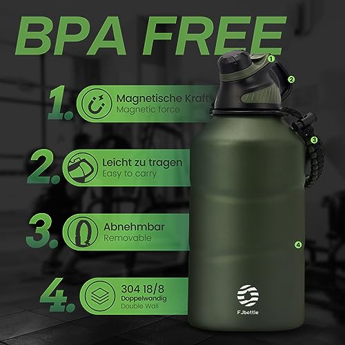 Fjbottle Gym Thermal Water Bottle 1900 ml – Leakless – Sports Bottle with Magnetic Cap, BPA-Free Stainless Steel Water Bottles for Sports, Camping, Yoga