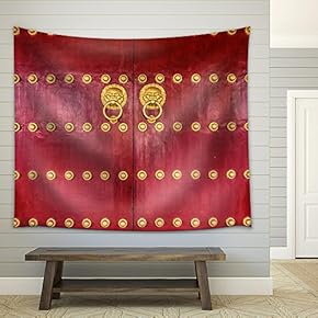 The Art of Red Chinese Temple Wooden Door - Fabric Wall Tapestry Home Decor - 51x60 inches
