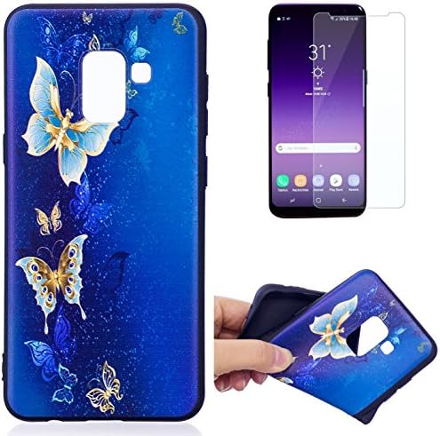 For Samsung Galaxy A8 2018 A530 Case and Screen Protector,OYIME [Gold Blue Butterfly] Relief Pattern Design Black Silicone Rubber Thin Slim Bumper Drop Protection Anti-Scratch Protective Back Cover