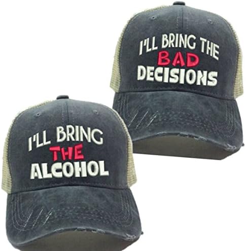 Adult Custom Distressed Funny Trucker Hat Set "Alcohol/Bad Decisions" Embroidered Ball Cap (Alcohol/Bad Decisions Set of 2)