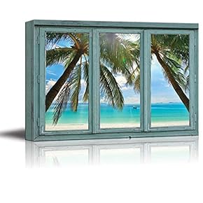 Crystal Blue Waters Framed by Palm Trees on a Perfect White Sand Beach - Canvas Art Home Art - 24x36 inches