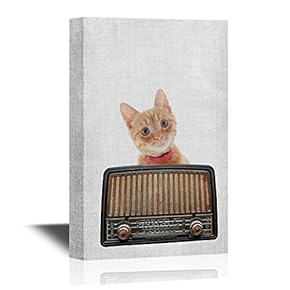 Music Canvas Wall Art - Intage Radio and Cat - Gallery Wrap Modern Home Art | Ready to Hang - 12x18 inches