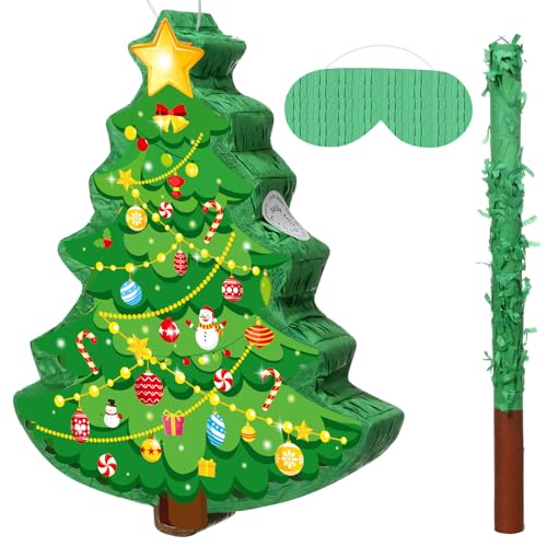 Christmas Tree Piñata 16 Inch Christmas Mexican Piñata with Stick Blindfold Xmas Piñatas Bundle for Xmas Birthday Holiday Game Favors Photo Prop Decoration
