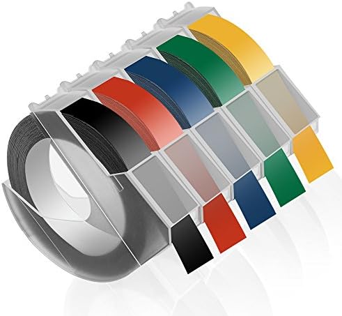 3D Plastic Embossing Label Tape Compatible for DYMO Embossing Label Makers, White on Black/Blue/Red/Yellow/Green, 3/8" x 9.8", 5-Roll Pack
