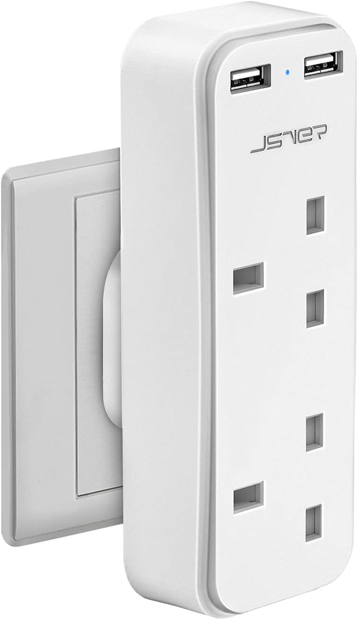 JSVER Double Plug Adaptor with 2 USB 5V/2.4A UK 3 Pin 13A Fuse White