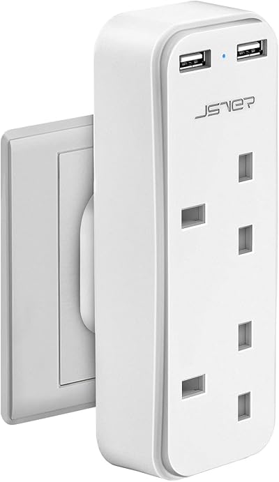 JSVER Double Plug Adaptor with 2 USB 5V/2.4A UK 3 Pin 13A Fuse White