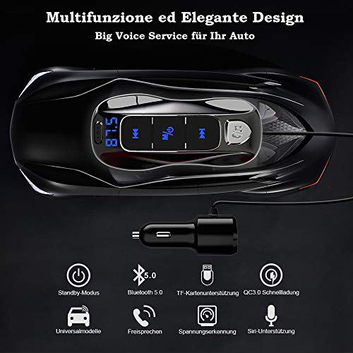 Bluetooth 5.0 FM Transmitter, SONRU Bluetooth Auto Radio Adpter Freisprecheinrichtung Dual USB Ports (QC3.0/2.4A) mit 1.1M Kabel, A2DP Crystal Sound Qualität, Spannungsanzeige, TF Karte Play